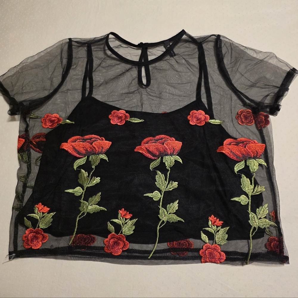 Floral Embroidered Sheer Black Top Sz Small